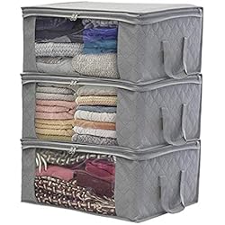JSENGE Sac de Rangement Vetement Pliable, Lot de 3 Sac Boite Rangement sous Lit, Étanche en épais Non-tissé, pour Édredons Couvertures Oreillers Jouets Vestes Vêtements, 48 x 35 x 20 cm (Gris)