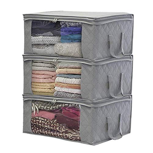 JSENGE Sac de Rangement Vetement Pliable, Lot de 3 Sac Boite Rangement sous Lit, Étanche en épais Non-tissé, pour Édredons Couvertures Oreillers Jouets Vestes Vêtements, 48 x 35 x 20 cm (Gris)