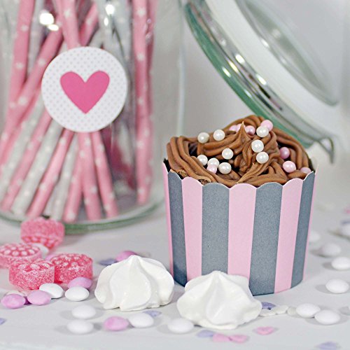 50 Frau Wundervoll Muffin Backformen aus stabilem Papier, groß Ø 6,1 cm, rosa-graue Streifen / Muffinförmchen / Cupcake Backformen / Muffindeko Frau Wundervoll - 5