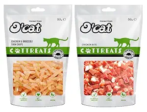 O'Cat Chicken and Broccoli Thin Chips 50 GMS + O'Cat Chicken and Bite 50 GMS Treats for Cats & Kitten | Dental & Training Cat Treats.