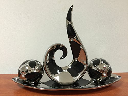 Modernes Schönes Deko Set 4-Teilig mit Strass Steine Dekoration auf Ovaler Schale in schwarz/chrom (W8811b)