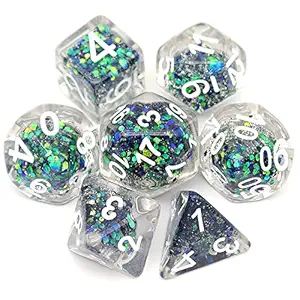Haxtec Blue Green Glitter DND Dice Set 7PCS Shelled Polyhedral D&D Dice W/ Iridescent Glitter Core for Roleplaying Dice Games DND Gifts