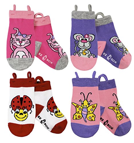 Baby Girls Animal Socks Seamless Toe Easy Pull Loops, 1-3 yr, Kitty/Mouse/Ladybug/Butterfly