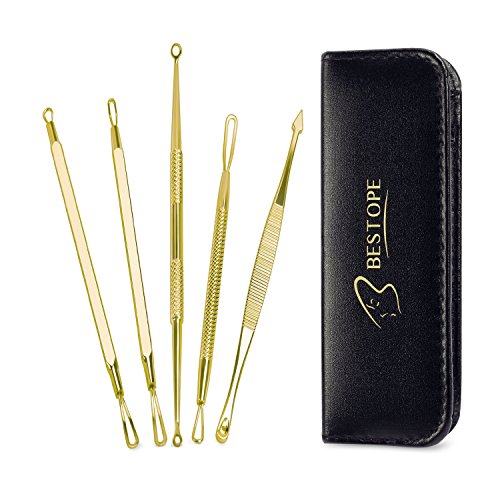 BESTOPE 5 Stücke Mitesserentferner mit Lederhülse -Komedonenquetscher Set aus Edelstahl -Elegant Nagelhautschieber Werkzeug Risikofrei gegen Pickel Whiteheads Akne Extraktoren für Gesundheit Behandlung