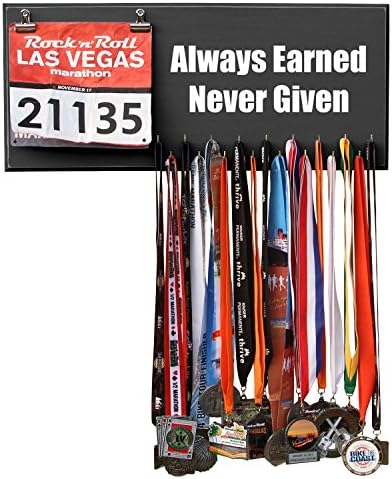 RunRilla Medal Hanger, Display, Holder Always Earned Never Given, Black, 17 Hooks
