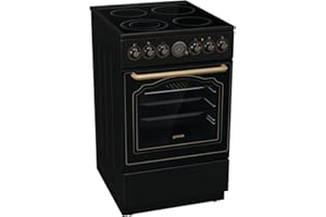 Gorenje Classico GECS 5B70CLB Elektrostandherd mit Glaskeramik-Kochfeld/Retro Design / 50cm / 70 Liter/Gentle Close/Schnellaufheizung/AirFry/ExtraSteam/Pizzamodus/AquaClean/schwarz