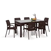 MOBETTO Rattan Large L&uuml;x Camlı Kahve Masa Takımı Bah&ccedil;e&amp;balkon 1 Camlı Masa + 6 Sandalye