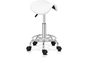 Bonnlo Saddle Stool Adjustable Salon Chair, Swivel Rolling Wheels & Ergonomic, Hydraulic Gas Lift Chair for Hairdressing Manicure Tattoo SPA Beauty Therapy Bar Studio, White