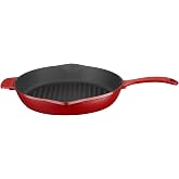 Lava Metal Spring Serisi - D&ouml;k&uuml;m Izgara Tavası, Yuvarlak, 28 cm, Mat Emaye, Parlak Siyah Taban, Kırmızı