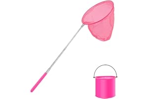 THT Kids Telescopic Butterfly Net Fishing Net Pond Net Extendable (14.5 to 33.8 Inches) With 1 Pack Folding Bucketfor Kids Catching Bugs Insect Small Fish Outdoor Beach Garden Activities (Pink)