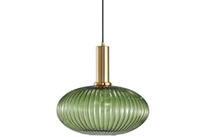 HJXDtech - Suspension Luminaire Industrielle Vintage en Verre Nervuré,Plafonnier avec fini en laiton poli Lustre,Suspension Lampe de Salle à Manger Cuisine Salon Chambre (Vert, 30CM)