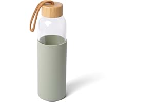 Birambeau - Bouteille en Verre - 550mL - Bouteille d’Eau en Verre - Gourde Réutilisable - Housse en Silicone Verte - Bouchon Bambou - Corde, Green