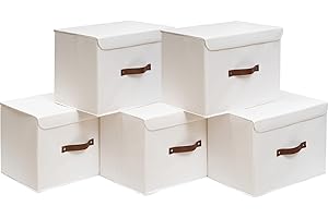 OUTBROS Boîte de Rangement, 45 x 30 x 30 cm Paniers de Rangement Pliables avec Couvercles et Poignées, Boîte Range pour Vêtement, Magazine pour, Chambre à Coucher (5 pièces,Blanche)