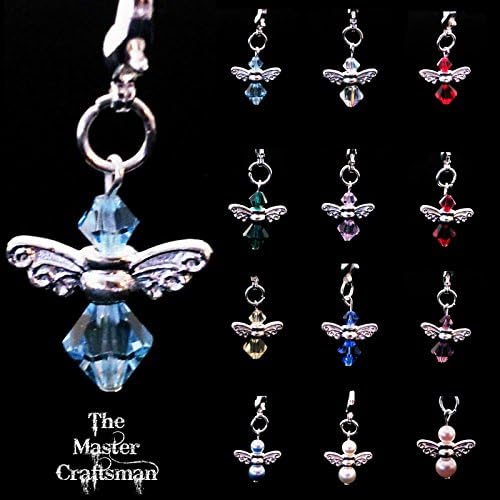 Swarovski Crystal &amp; 925 Silver Plated Guardian Angel Clip On Birthstone Bracelet Bag Charm Wings