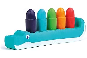Ludi - Crayons pour Le Bain - pour Dessiner sur Les Parois - Effaçables, Solides, Résistants À L’Eau - Dès 10 Mois - Dextérité, Motricité Fine, Imagination - 5 Crayons Et Support Crocodile en Mousse