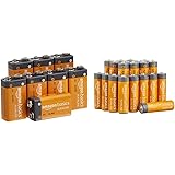 Amazon Basics Batterie alcaline per uso quotidiano, 9V, confezione da 8 & Batterie alcaline AA 1.5 Volt, Performance, confezi
