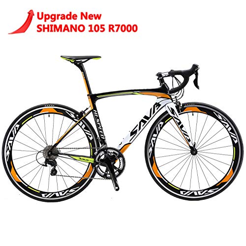 SAVA Vélo de Route Carbon, Homme de Course de vélos en Fibre de Carbone T800 avec Groupe Shimano 105 7000 22 Vitesses (Noir Blanc Orange, 54cm)