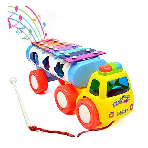 YIXIN 8 Notes Tap-a-tune Glockenspiel Knock Piano Pull Along Train Truck Toy with Shape Sorter for Early Learning for 3 Year Old+ Kids, Color Random Delivery
