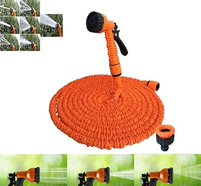 NBD® Tuyau d'arrosage, 25 feet / 7.5m Tuyau d'arrosage Rétractable + pistolet d'arrosage 7 fonctions, Tuyau d'arrosage souple et léger extensible jusqu'à 3 fois avec Connecteur de robinet Connecteur rapide et Suceur multifonctions – Orange (25FT)