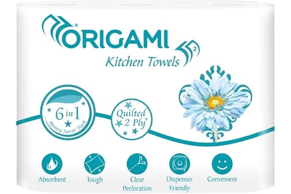 Origami 2 Ply Kitchen Tissue Paper Roll - 6 in 1 (60 Pulls Per Roll, 360 Sheets)