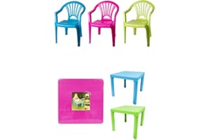 RSW-INTERNATIONAL Kids Plastic Chairs Garden Table Set Toddler Nursery Desk Furniture Outdoors Indoors Party Dinning Study | 3xChairs 1xTable (Colour to Vary)
