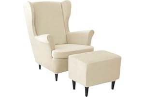 JHLD Samt Stretch Husse für Ohrensessel Mit Ottomane Schonbezug, Husse für Ohrensessel Ottomane Bezug 3 Stück weiche Ohrensessel Schonbezug Abnehmbare Waschbar -Beige-3 Stück