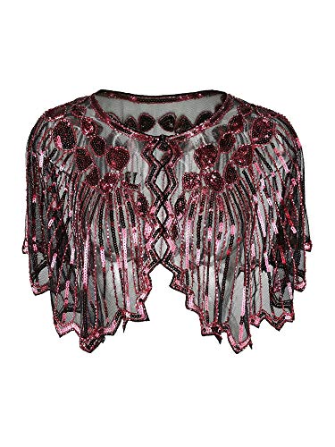 Grouptap Années 1920 Rouge Gatsby châle boléro Paillette Cape Haussement d'épaules pour Les Femmes Dames clapet Art déco Robe Vintage Costume (Rouge, Taille Unique)