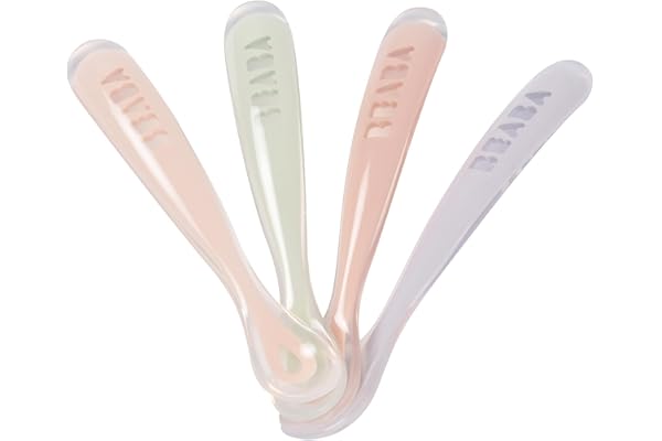 Béaba - Lot de 4 Cuillères en Silicone Bébé / Enfant 1er Âge - Dès 4 mois, Souple - Bout arrondi - Manche long et Ergonomique, Barbe à papa / Guimauve / Vert de gris / Lila