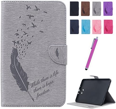 Romtronic Practical and Fashion Flip Feather Pattern Premium Wallet Case Back Cover with Stand and credit Card Holder Function mobile Case for Samsung Galaxy Tab A 10.1 2016 (SM-T580 \ SM-T585), Stylus Pen included (grey)