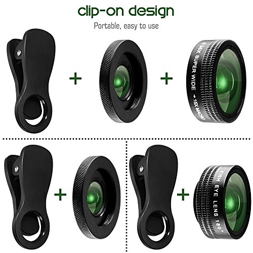 3 in 1 kit Obiettivo per Cellulare, AFUNTA HD Clip-on 15 x Macro e 0.36 x Super Grandangolo, Lente Fisheye 180Â° per iPhone Samsung Most Smartphones