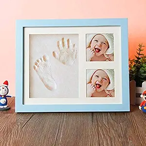 Babies Bloom Blue Charming Baby Handprint and Footprint Kit Solid Wood Photo Frame (White Clay)|First Birthday Gift | Baby Memories Gift | Baby Room Decor