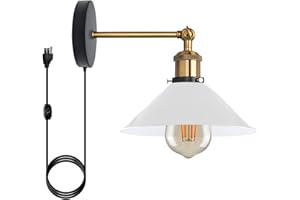 LEDSONE Nowoczesny vintage industrialny kinkiet ścienny z żółtym mosiężnym ramieniem, ściemniaczem i kloszem (biały)