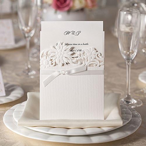 Laser Cut Wedding Invitations Flower Top Ribbon Matt White Invitations Inserts and Quality Envelopes Inc x 10