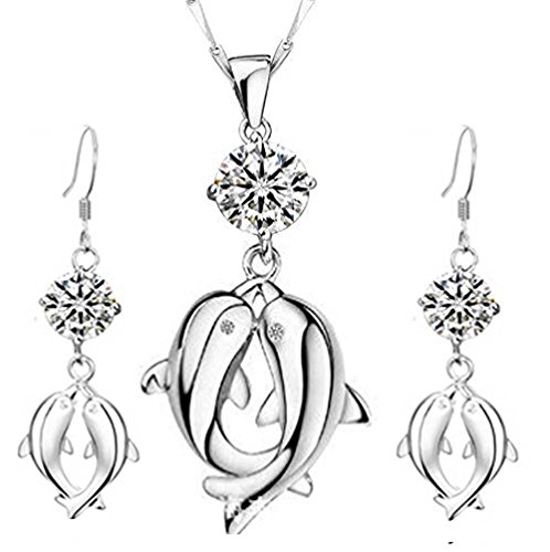 findout Amatista plata / los amantes de doble delfín blanco Conjunto Pendientes y colgante, collar