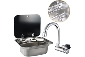 DALUOBO Single Bowl RV Hand Wash Rectangular Basin Sink with Lid for Fit for Compatible with RV Caravan Camper Kitchen Stainless Steel Sink 16.5” x 14.3” x 6.3” (with Faucet U)