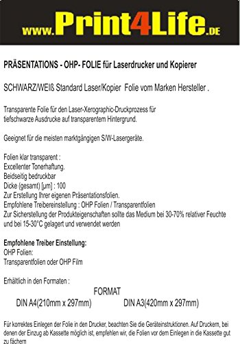 200 Blatt LASER A4 Standard Universal OHP (Overhead) Transparente Präsentationsfolie. Standardkopierfolie für S/W Laser- und Kopierer mit beidseitig identischer Beschichtung. Die Folie ist 0,100 mm dick.