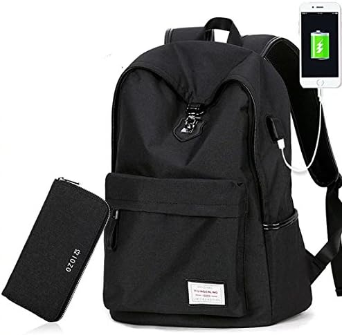 FULOZO® School Backpack Travel Daypack Oxford 15 Inch with USB Charger Water Resistant Laptop Rucksack Business Bag+Wallet(Black,2 PCS)