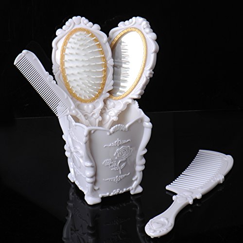 Retro 5 Pcs Professional Hair Care Hair Brush Combs Set With Mirror And Stand White