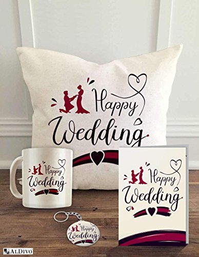 ALDIVO 12x12-inch Happy Wedding Printed Cushion Cover with Filler , Printed Coffee Mug , Marriage Greeting Card , Printed Key Ring Combo Pack
