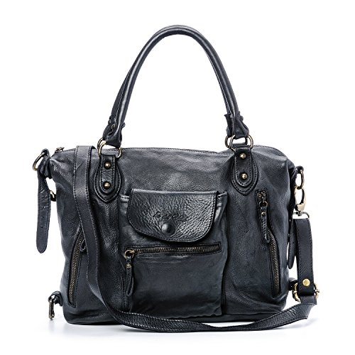 Ira del Valle, Borsa Tote Vintage Donna e Ragazza, Shopper in Vera Pelle, Borsa Morbida Grande a Mano e Spalla con Tracolla, Modello LARGE Miami, Made in Italy (Nero)