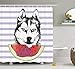 Produktbild BUZRL Alaskan Malamute Shower Curtain, Cute Animal Eating Watermelon Slice Fresh Summer Themed Striped Artwork, Fabric Bathroom Decor Set with Hooks, 60W X 72L Inche Extra Wide, Multicolor
