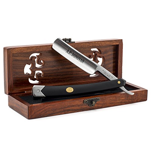 A.P. Donovan – Solides Rasiermesser 7/8″ im Set (Rasier-Klinge nicht rostfrei), Griff ist aus schwarzem Kunststoff inkl. Leder-Streichriemen und Paste – ustura – Rasier-Set Razor - 6