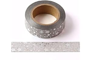 SYNTEGO Nastro Washi glitter argento con stelle in lamina argentata, finitura autoadesiva coprente, 15 mm x 10 metri.