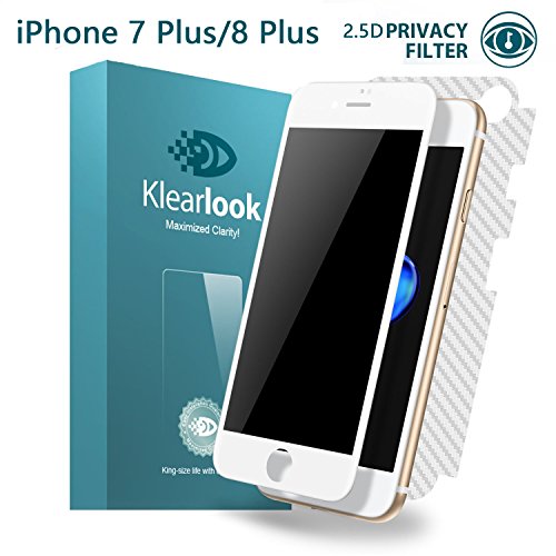 iPhone 7 Plus/iPhone 8 Plus Screen Protector, KlearlookÂ® [Case Friendly] Edge-to-Edge Anti-Spy and Peeping Privacy Proof Premium Tempered Glass with [Aluminum Element] Screen Protector for Front with Privacy-Proof/Smooth Touch + [Upgrade for Back]Full Coverage Carbon Fibre Sticker Protector Film for Back for Apple iPhone 7 Plus/iPhone 8 Plus [White Frame]