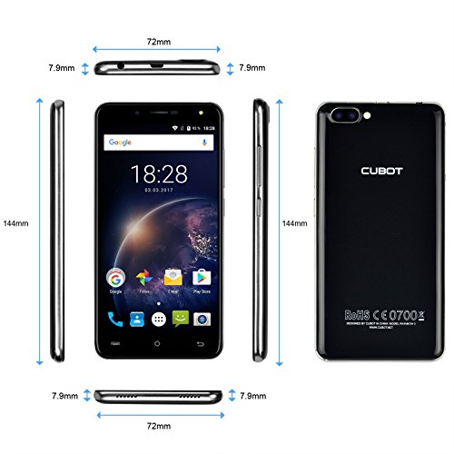 Cubot Rainbow 2 (2017) - Smartphone libre Andriod 7.0 (teléfono grande de 5.0'' (12,7 cm) y pantalla IPS HD, 2 cámara trasera 13Mpx+2Mpx, La cámara frontal 5Mpx con linterna delantera LED, memoria interna de 16 GB, Soporte A-GPS, Bluetooth 4.0, 3G Dual Micro Sim Móviles libres, Soporte 256GB micro sd tarjeta de expansión) - Negro