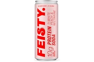 Feisty Drinks Protein Soda – White Peach and Nectarine | 330ml Can | 10g Plant-Based Protein, Essential Amino Acids, No Artificial Ingredients, No Added Sugar, Dairy-Free, Low-Calorie