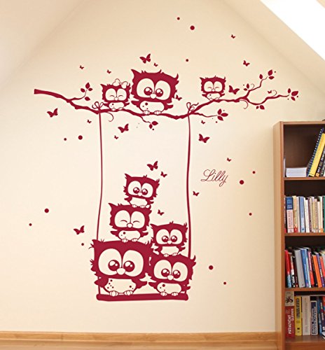 ilka parey wandtattoo-welt® Wandtattoo Wandsticker Eulenwandtattoo Eulen auf Schaukel Eulenbaum Eule mit Wunschnamen Schmetterlingen und Punkten Aufkleber Sticker M1577 – ausgewählte Farbe: *Schokobraun* ausgewählte Größe: *L 100cm breit x 100cm hoch - 3