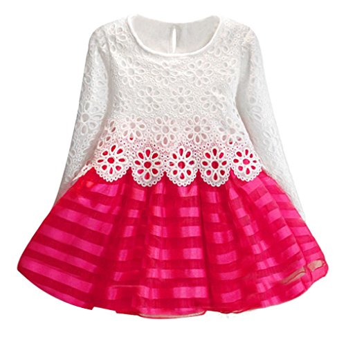 Sannysis Kind-Mädchen Langarm-Prinzessin Dress-Höhle-Blumen-Kleid (140(6-7Y), Hot Pink)