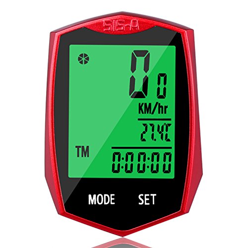 Vegbirt Fahrradcomputer, Drahtloser Fahrradcomputer, Kilometerzähler, automatische Wake-up Große Hintergrundbeleuchtung LCD Display (Rot)
