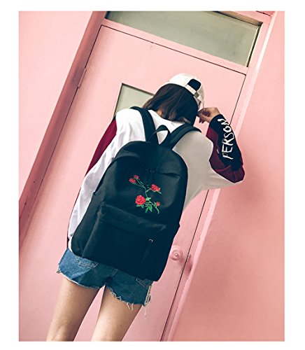 M  dchen Leinwand Rucksack Hansee Fashion Preppy Rose Stickerei Schule Taschen Campus Canvas Student Rucksack  black 